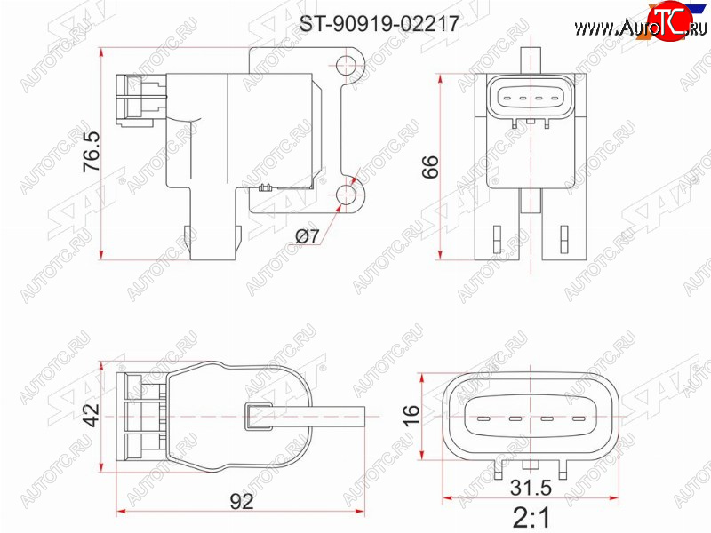 1 399 р. Катушка зажигания TOYOTA 3S5S-FE (№1) 96- ST19#ST21#ST20#SV4#SV55SXV2#SXM1#SXN1#SXU1#SXA1# SAT ST-90919-02217  с доставкой в г. Воронеж