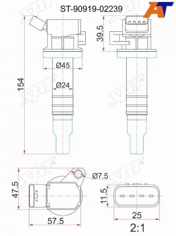1 099 р. Катушка зажигания TOYOTA 1ZZ-FE 00- ZZE12#ZZT24#ZZV50ZCT10ZCA2#1KR-FE 04- KSP9#KGC1#3SG-G# SX SAT ST-90919-02239  с доставкой в г. Воронеж. Увеличить фотографию 1