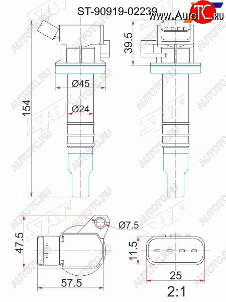 1 099 р. Катушка зажигания TOYOTA 1ZZ-FE 00- ZZE12#ZZT24#ZZV50ZCT10ZCA2#1KR-FE 04- KSP9#KGC1#3SG-G# SX SAT ST-90919-02239  с доставкой в г. Воронеж
