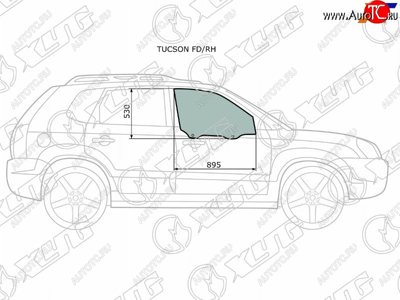 2 789 р. Стекло боковое опускное (Спереди Справа Цвет зеленый) Hyundai Tucson 04-09 XYG TUCSON FD/RH  с доставкой в г. Воронеж