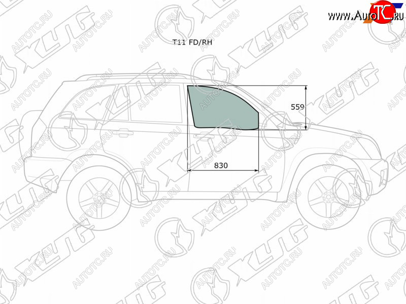 2 599 р. Стекло боковое опускное (Спереди Справа Цвет зеленый) Chery Tiggo T11 05-16  Vortex Tingo 10-14 XYG T11 FD/RH  с доставкой в г. Воронеж