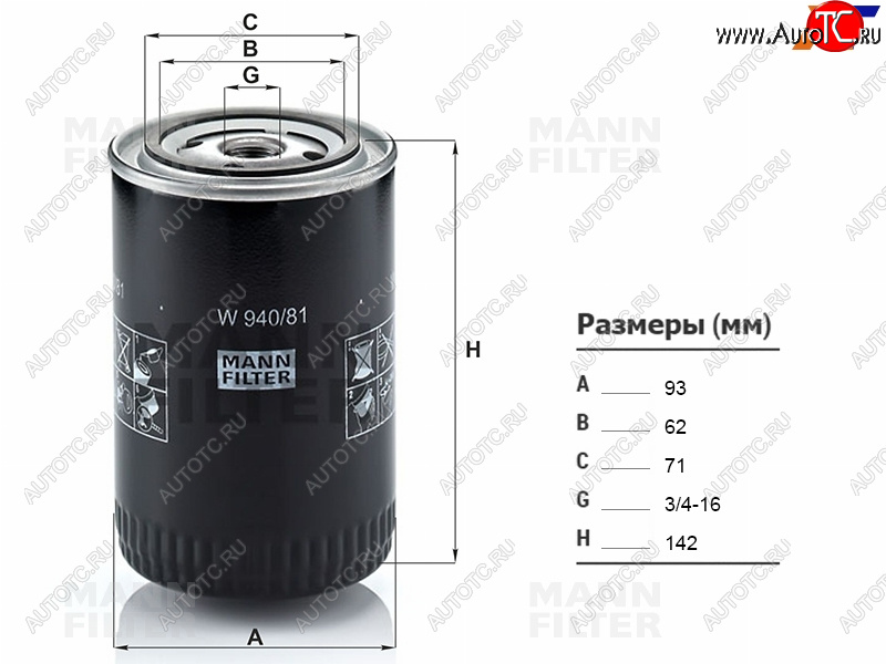 1 039 р. Фильтр масляный TOYOTA L,3L,2L,2LT,3V,4V,4,5VEU,4VU,2B,3B,11B,13B,2J,1FZFE -99 MANN W940/81  с доставкой в г. Воронеж