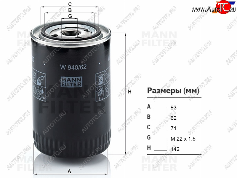 1 079 р. Фильтр масляный IVECO DAILY 99-MITSUBISHI FUSO CANTER 09-12CITROEN JUMPER 02-06 MANN W940/62  с доставкой в г. Воронеж