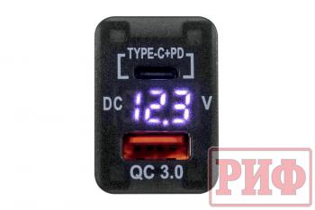 1 779 р. Розетка USB Type C, QC 3.0 с вольтметром для Toyota 32x20 РИФ rif22-4-1013400  с доставкой в г. Воронеж. Увеличить фотографию 3