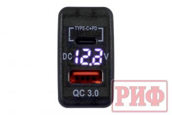 1 849 р. Розетка USB Type C, QC 3.0 с вольтметром для Toyota 40x20 РИФ rif22-4-1013600  с доставкой в г. Воронеж. Увеличить фотографию 3