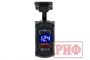 1 699 р. Розетка USB Type PD, QC 3.0 с вольтметром, синяя подсветка РИФ rif22-4-41480  с доставкой в г. Воронеж. Увеличить фотографию 4