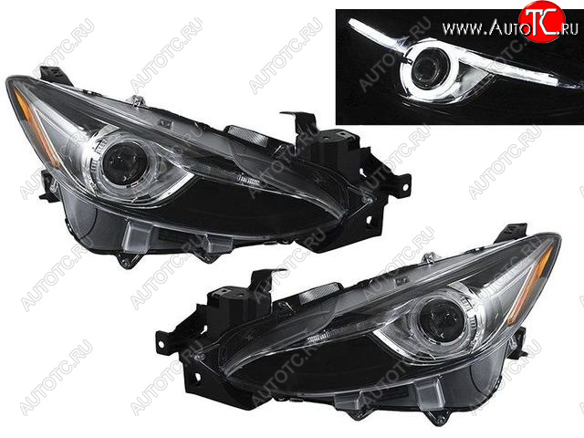 48 999 р. Комплект передних линзованых фар со светящимся ободком EAGLE EYES Mazda 3/Axela BM рестайлинг седан (2016-2019) (черные)  с доставкой в г. Воронеж