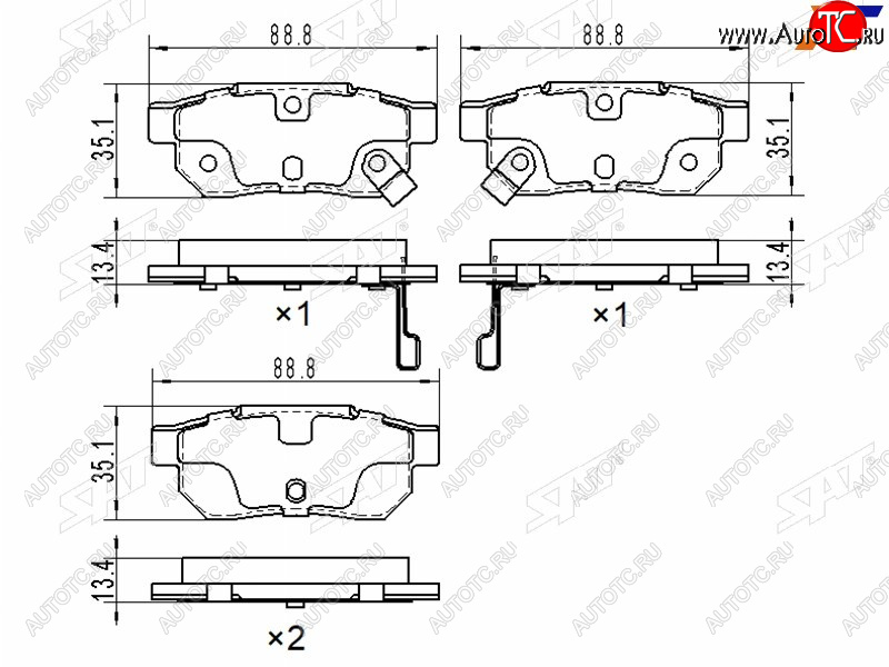 2 199 р. Колодки тормозные задние RH-LH SAT  Honda Fit ( GP,GK,  3,  3 GP,GK,  4 GR) (2013-2022)  дорестайлинг, GP,GK 1-ый рестайлинг, 2-ой рестайлинг, дорестайлинг  с доставкой в г. Воронеж