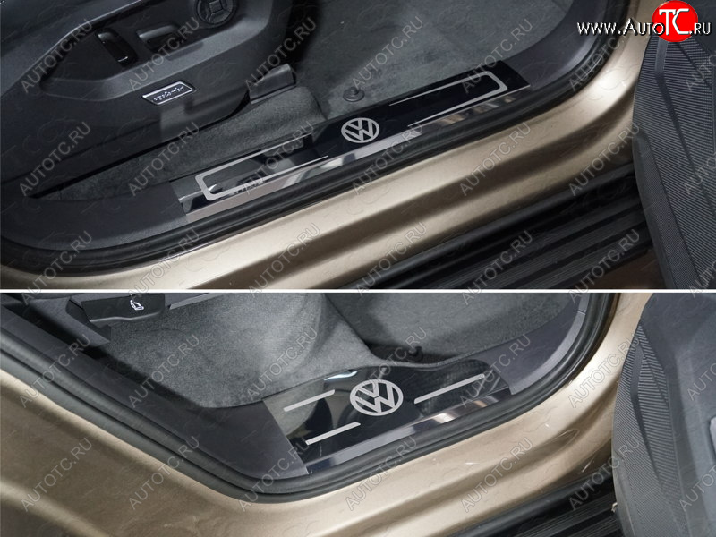 5 599 р. Накладки на пластиковые пороги (4шт) ТСС Тюнинг Volkswagen Touareg CR (2018-2025) (лист зеркальный логотип VW)  с доставкой в г. Воронеж