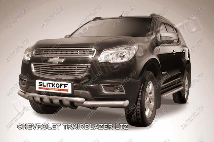 19 599 р. Защита переднего бампера d76+d57 двойная с профильной ЗК Slitkoff  Chevrolet Trailblazer  GM800 (2012-2016) дорестайлинг (нержавейка с полимерным покрытием в цвет черный)  с доставкой в г. Воронеж