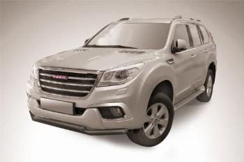 Защита переднего бампера d57+d57 двойная Slitkoff Haval H9 2-ой рестайлинг (2019-2021) (нержавейка с полимерным покрытием в цвет черный)