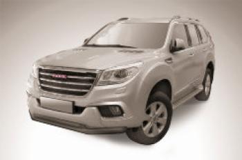 Защита переднего бампера d76+d57 двойная Slitkoff Haval H9 (2024-2025) (нержавейка с полимерным покрытием в цвет черный)