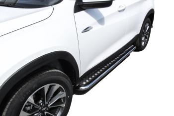 Защита порогов d42 с листом (Classic) Slitkoff Hyundai Santa Fe CM дорестайлинг (2006-2009) (нержавейка с полимерным покрытием в цвет черный)