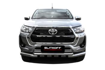 24 649 р. Защита переднего бампера d76+d57 двойная с профильной ЗК Slitkoff  Toyota Highlander  XU70 (2020-2025) (нержавейка с полимерным покрытием в цвет черный)  с доставкой в г. Воронеж. Увеличить фотографию 1