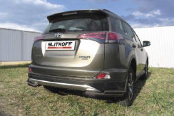 Защита заднего бампера уголки d57+d42 двойные Slitkoff Toyota RAV4 XA40 5 дв. рестайлинг (2015-2019) (нержавейка с полимерным покрытием в цвет черный)