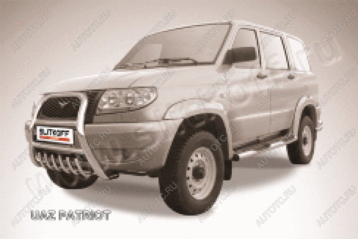 29 999 р. Защита переднего бампера кенгурятник d76 высокий с защитой картера Slitkoff  Уаз Патриот  3163 5 дв. (2005-2013) дорестайлинг (нержавейка с полимерным покрытием в цвет черный)  с доставкой в г. Воронеж