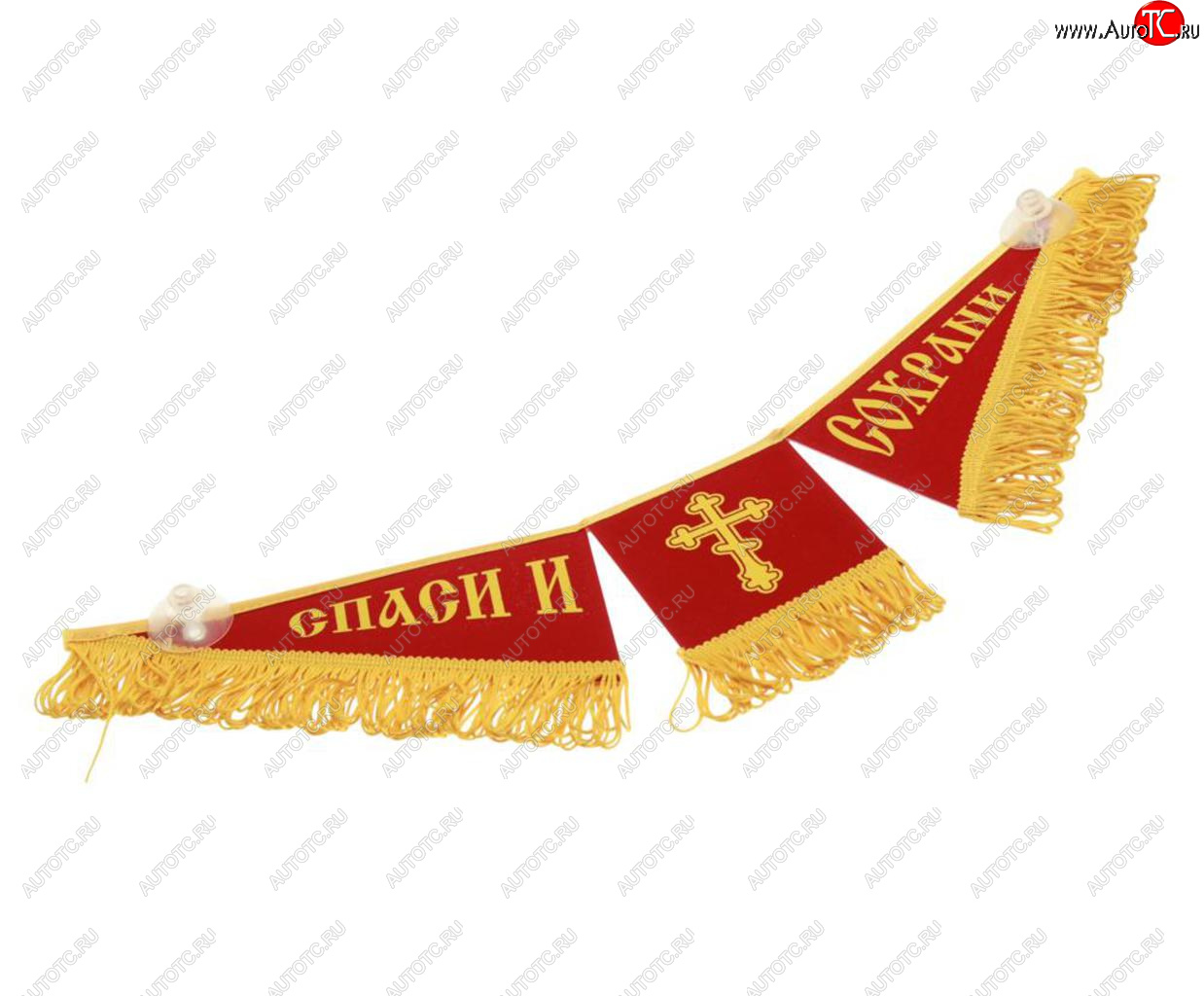 599 р. Вымпел РОССИЯ Спаси и сохрани с бахромой, красный фон (47х12см) AUTOSTICKERS AUTOSTICKERS 072111  с доставкой в г. Воронеж
