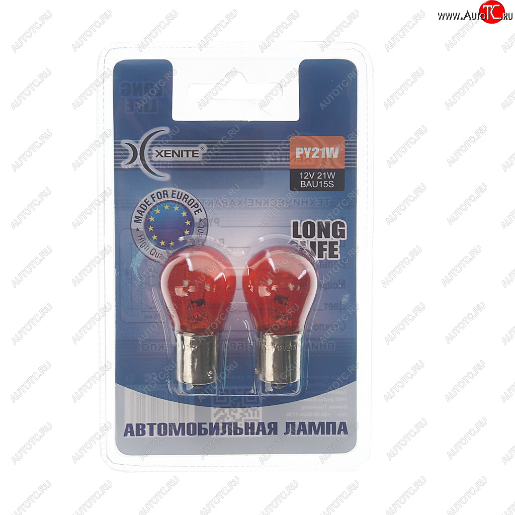 154 р. Лампа 12V PY21W BAU15s 3200К желтая блистер (2шт.) Long Life XENITE XENITE 1007125  с доставкой в г. Воронеж