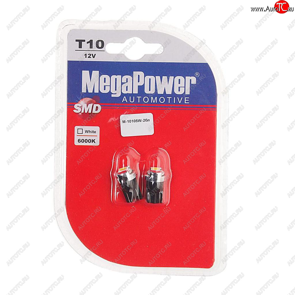 319 р. Лампа светодиодная 12V W5W T10 W2.1x9.5d 6000K блистер (2шт.) MEGAPOWER MEGAPOWER-AUTOMOTIVE 10105w-2бл  с доставкой в г. Воронеж
