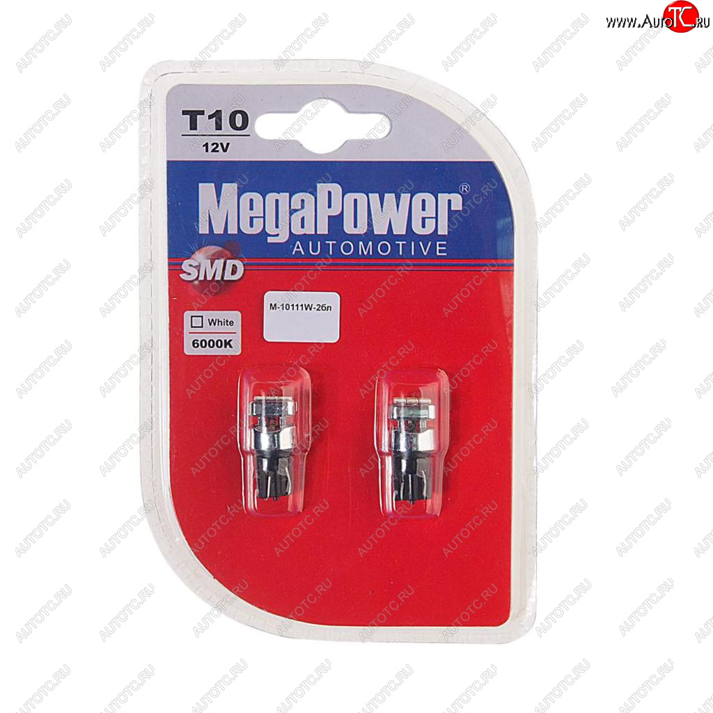 226 р. Лампа светодиодная 12V W5W T10 W2.1x9.5d 6000K 3 LED блистер (2шт.) MEGAPOWER MEGAPOWER-AUTOMOTIVE 10111w-2бл  с доставкой в г. Воронеж