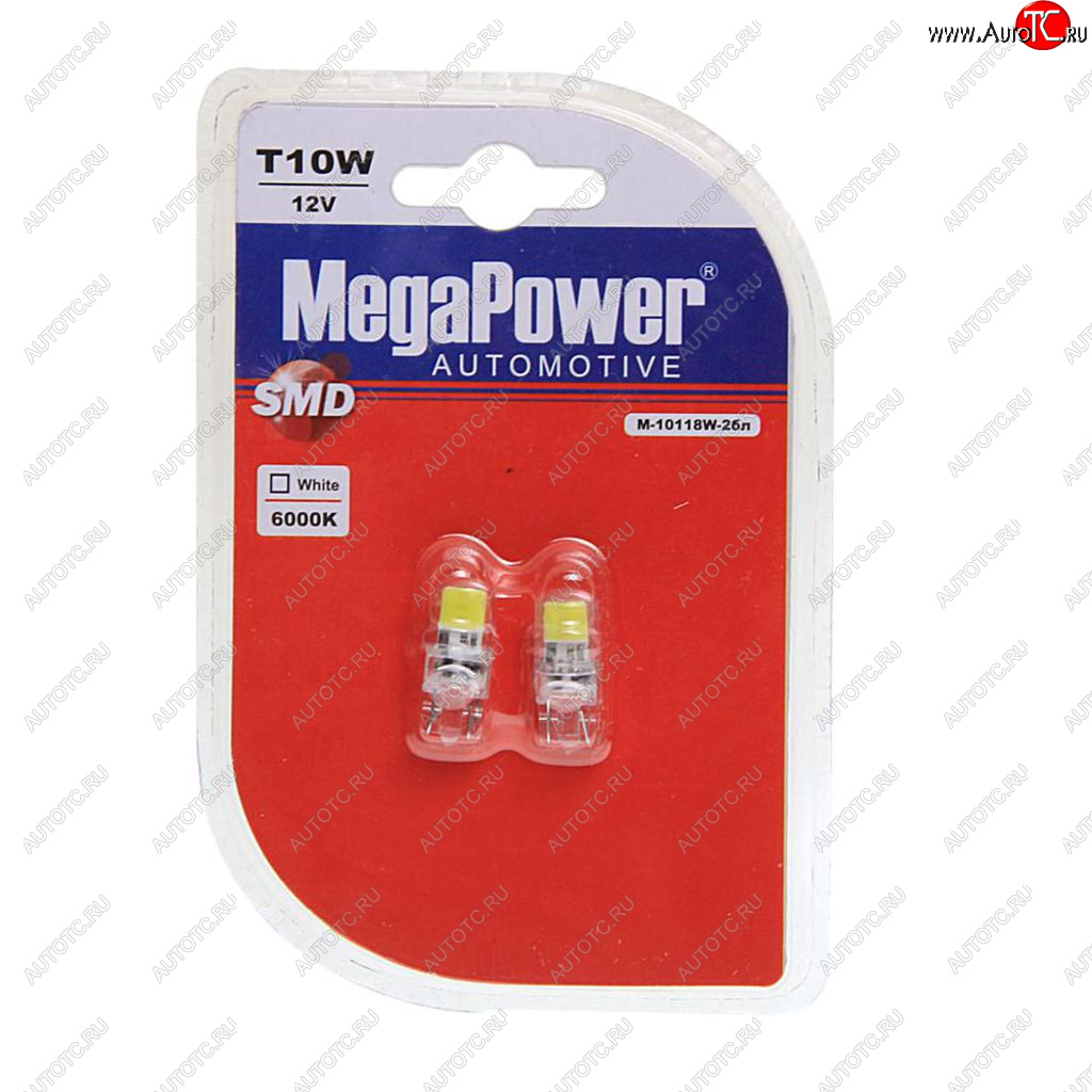 299 р. Лампа светодиодная 12V W5W T10 W2.1x9.5d 6000K 2 LED блистер (2шт.) MEGAPOWER MEGAPOWER-AUTOMOTIVE 10118w-2бл  с доставкой в г. Воронеж