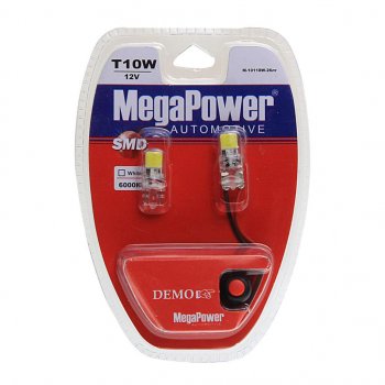 389 р. Лампа светодиодная 12V W5W T10 W2.1x9.5d 6000K 2 LED с тестером блистер (2шт.) MEGAPOWER MEGAPOWER-AUTOMOTIVE 10118w-2блт  с доставкой в г. Воронеж. Увеличить фотографию 1