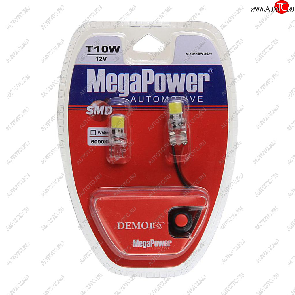 389 р. Лампа светодиодная 12V W5W T10 W2.1x9.5d 6000K 2 LED с тестером блистер (2шт.) MEGAPOWER MEGAPOWER-AUTOMOTIVE 10118w-2блт  с доставкой в г. Воронеж