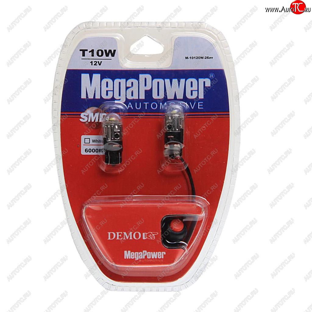 589 р. Лампа светодиодная 12V W5W T10 W2.1x9.5d 6000K с тестером блистер (2шт.) MEGAPOWER MEGAPOWER-AUTOMOTIVE 10120w-2блт  с доставкой в г. Воронеж