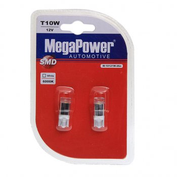 659 р. Лампа светодиодная 12V W5W T10 W2.1x9.5d 6000K блистер (2шт.) MEGAPOWER MEGAPOWER-AUTOMOTIVE 10121w-2бл  с доставкой в г. Воронеж. Увеличить фотографию 1