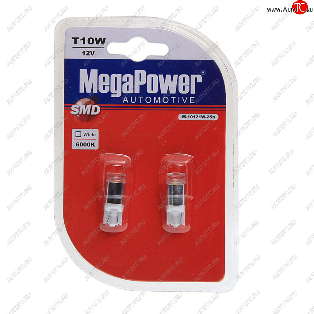 659 р. Лампа светодиодная 12V W5W T10 W2.1x9.5d 6000K блистер (2шт.) MEGAPOWER MEGAPOWER-AUTOMOTIVE 10121w-2бл  с доставкой в г. Воронеж
