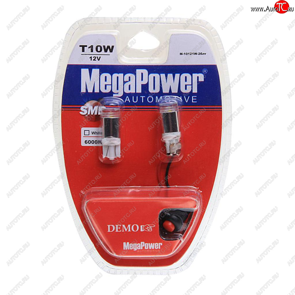 379 р. Лампа светодиодная 12V W5W T10 W2.1x9.5d 6000K с тестером блистер (2шт.) MEGAPOWER MEGAPOWER-AUTOMOTIVE 10121w-2блт  с доставкой в г. Воронеж