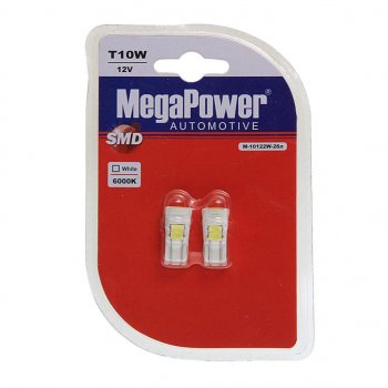 164 р. Лампа светодиодная 12V W5W T10 W2.1x9.5d 6000K 6 LED блистер (2шт.) MEGAPOWER MEGAPOWER-AUTOMOTIVE 10122w-2бл  с доставкой в г. Воронеж. Увеличить фотографию 1