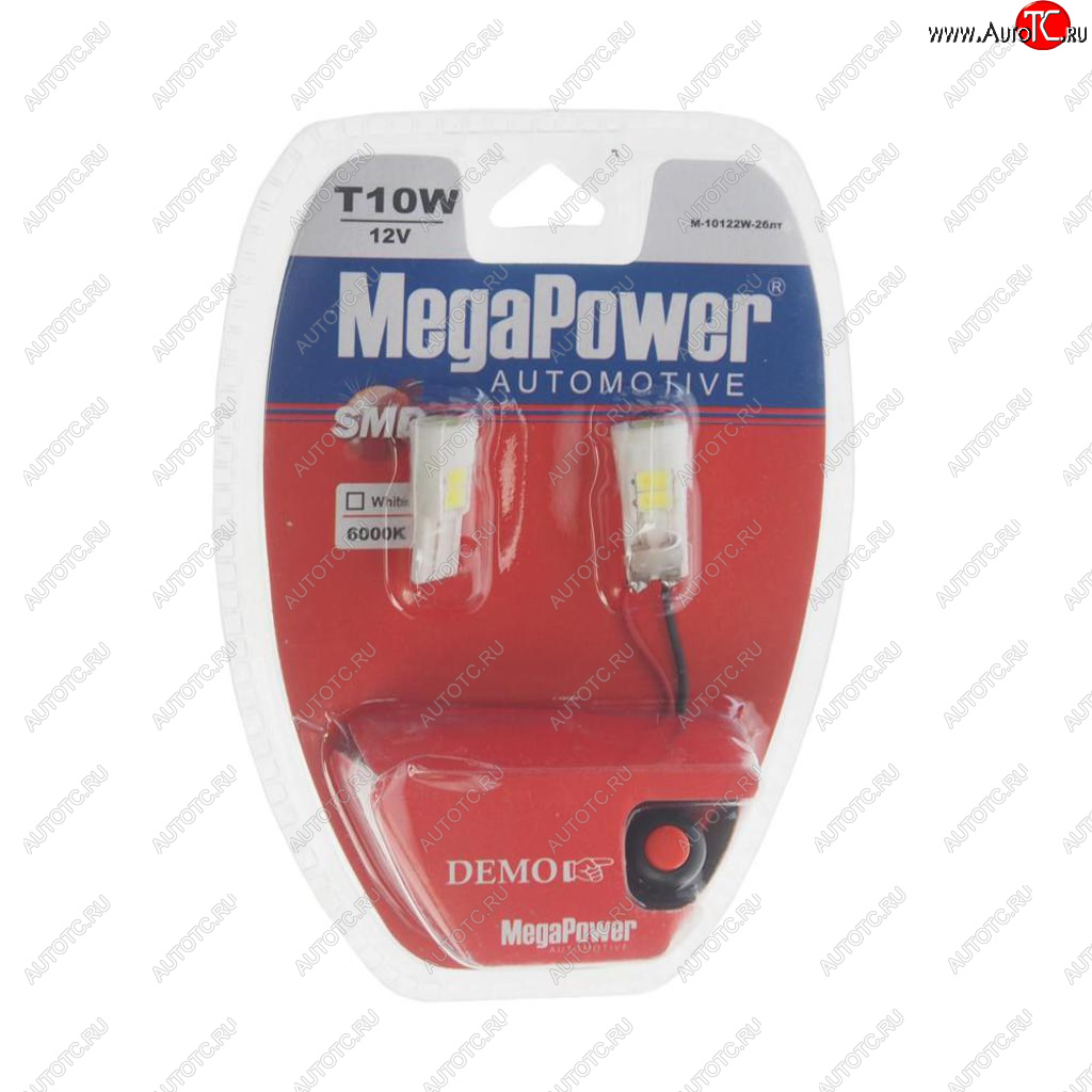 399 р. Лампа светодиодная 12V W5W T10 W2.1x9.5d 6000K 6 LED блистер (2шт.) MEGAPOWER MEGAPOWER-AUTOMOTIVE 10122w-2блт  с доставкой в г. Воронеж