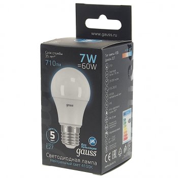 154 р. Лампа светодиодная E27 A60 7W (60W) 220V холодный GAUSS GAUSS 102502207  с доставкой в г. Воронеж. Увеличить фотографию 2