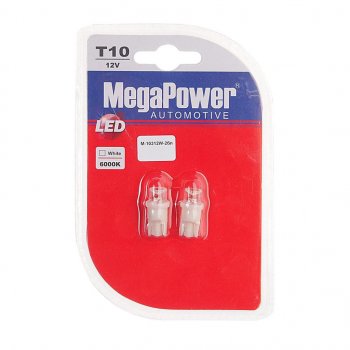 42 р. Лампа светодиодная 12V W5W T10 W2.1x9.5d 6000K блистер (2шт.) MEGAPOWER MEGAPOWER-AUTOMOTIVE 10312w-2бл  с доставкой в г. Воронеж. Увеличить фотографию 1
