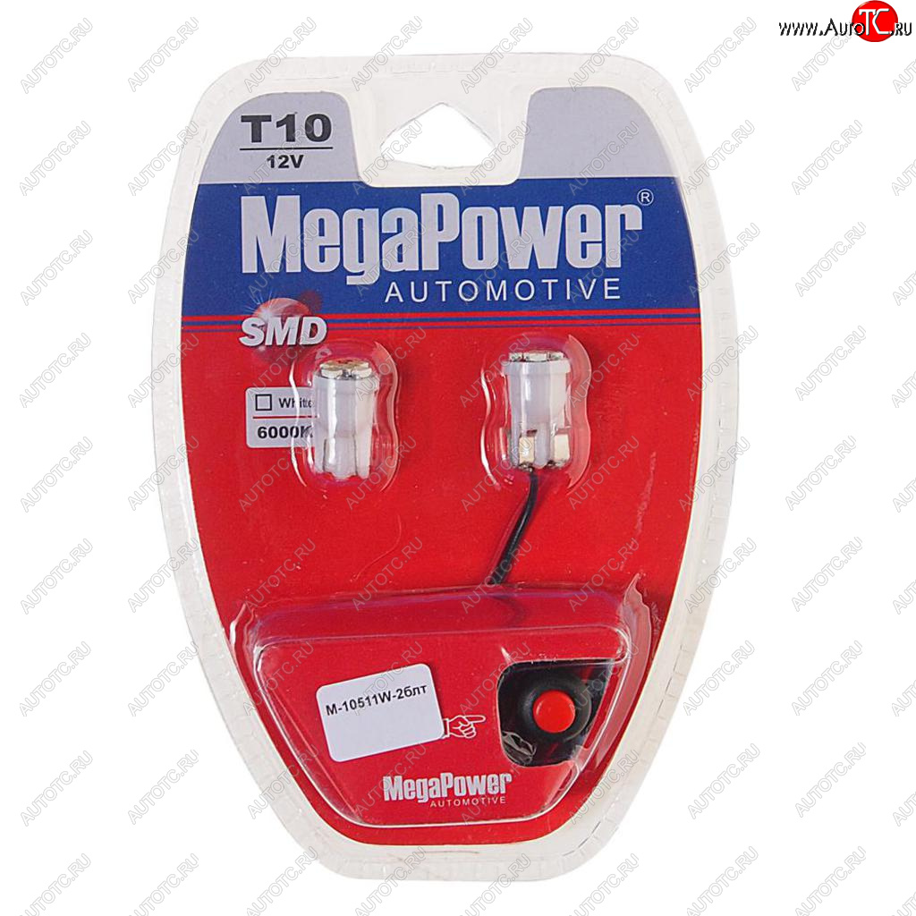 152 р. Лампа светодиодная 12V W5W T10 W2.1x9.5d 6000K 6 LED с тестером блистер (2шт.) MEGAPOWER MEGAPOWER-AUTOMOTIVE 10511w-2блт  с доставкой в г. Воронеж