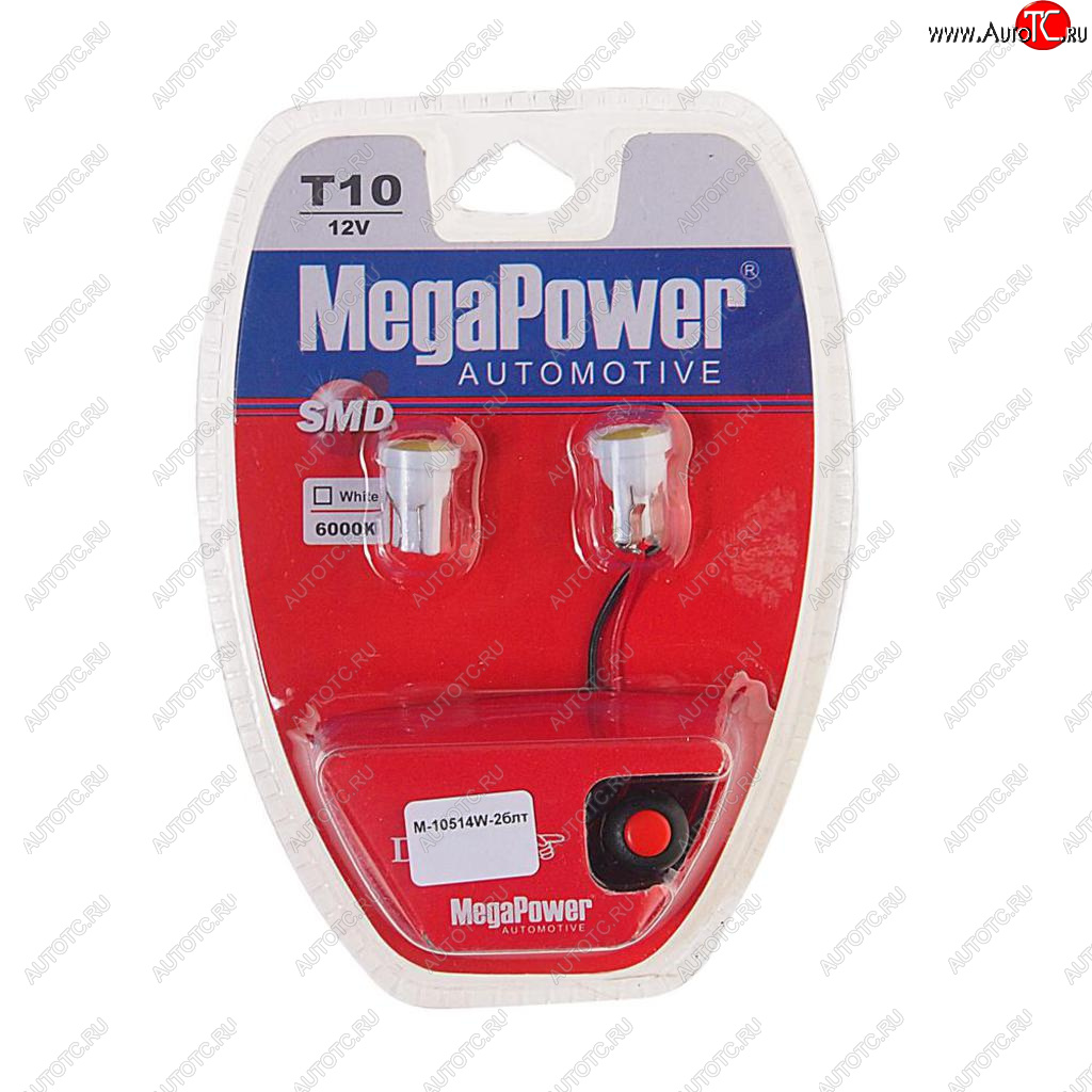 299 р. Лампа светодиодная 12V W5W T10 W2.1x9.5d 6000K с тестером блистер (2шт.) MEGAPOWER MEGAPOWER-AUTOMOTIVE 10514w-2блт  с доставкой в г. Воронеж