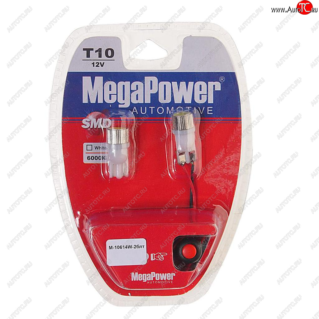 299 р. Лампа светодиодная 12V W5W T10 W2.1x9.5d 6000K с тестером блистер (2шт.) MEGAPOWER MEGAPOWER-AUTOMOTIVE 10614w-2блт  с доставкой в г. Воронеж