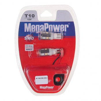 379 р. Лампа светодиодная 12V W5W T10 W2.1x9.5d 6000K 5 LED с тестером блистер (2шт.) MEGAPOWER MEGAPOWER-AUTOMOTIVE 10615w-2блт  с доставкой в г. Воронеж. Увеличить фотографию 1