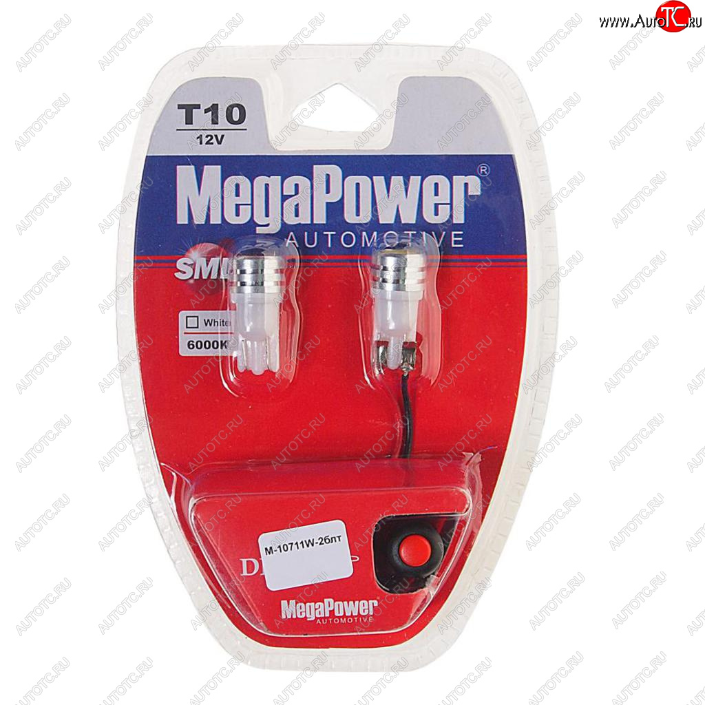 459 р. Лампа светодиодная 12V W5W T10 W2.1x9.5d 6000K с тестером блистер (2шт.) MEGAPOWER MEGAPOWER-AUTOMOTIVE 10711w-2блт  с доставкой в г. Воронеж