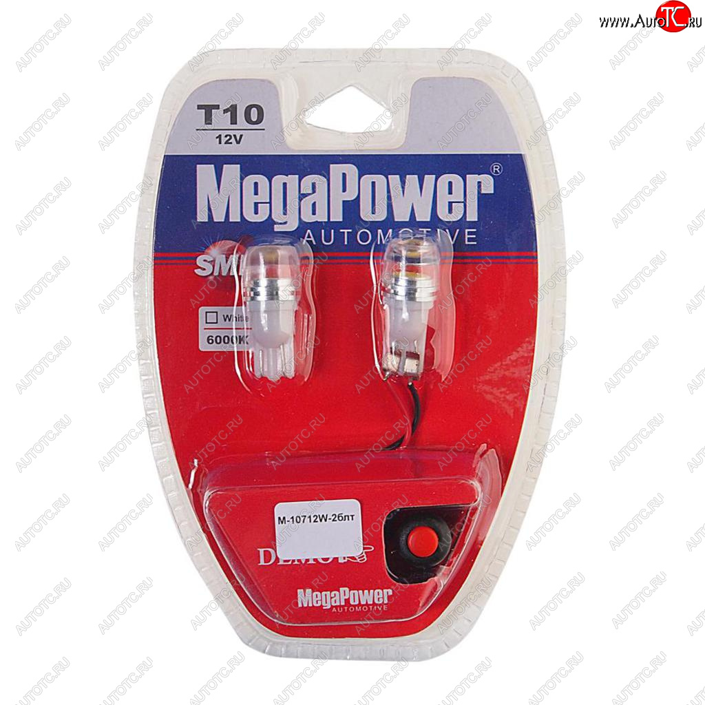 459 р. Лампа светодиодная 12V W5W T10 W2.1x9.5d 6000K с тестером блистер (2шт.) MEGAPOWER MEGAPOWER-AUTOMOTIVE 10712w-2блт  с доставкой в г. Воронеж