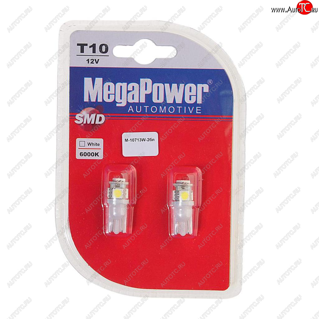 146 р. Лампа светодиодная 12V W5W T10 W2.1x9.5d 6000K 4 LED блистер (2шт.) MEGAPOWER MEGAPOWER-AUTOMOTIVE 10713w-2бл  с доставкой в г. Воронеж