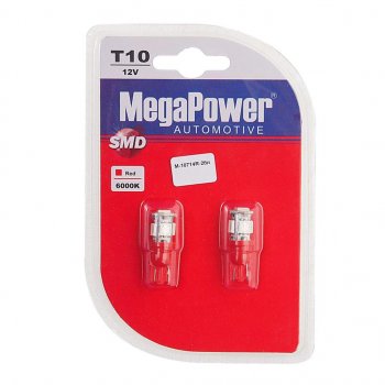 136 р. Лампа светодиодная 12V W5W T10 W2.1x9.5d 5 LED блистер (2шт.) Red MEGAPOWER MEGAPOWER-AUTOMOTIVE 10714r-2бл  с доставкой в г. Воронеж. Увеличить фотографию 1