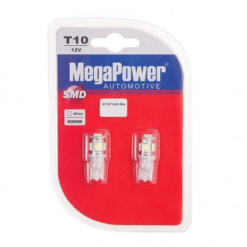 146 р. Лампа светодиодная 12V W5W T10 W2.1x9.5d 6000K 5 LED блистер (2шт.) MEGAPOWER MEGAPOWER-AUTOMOTIVE 10714w-2бл  с доставкой в г. Воронеж. Увеличить фотографию 1