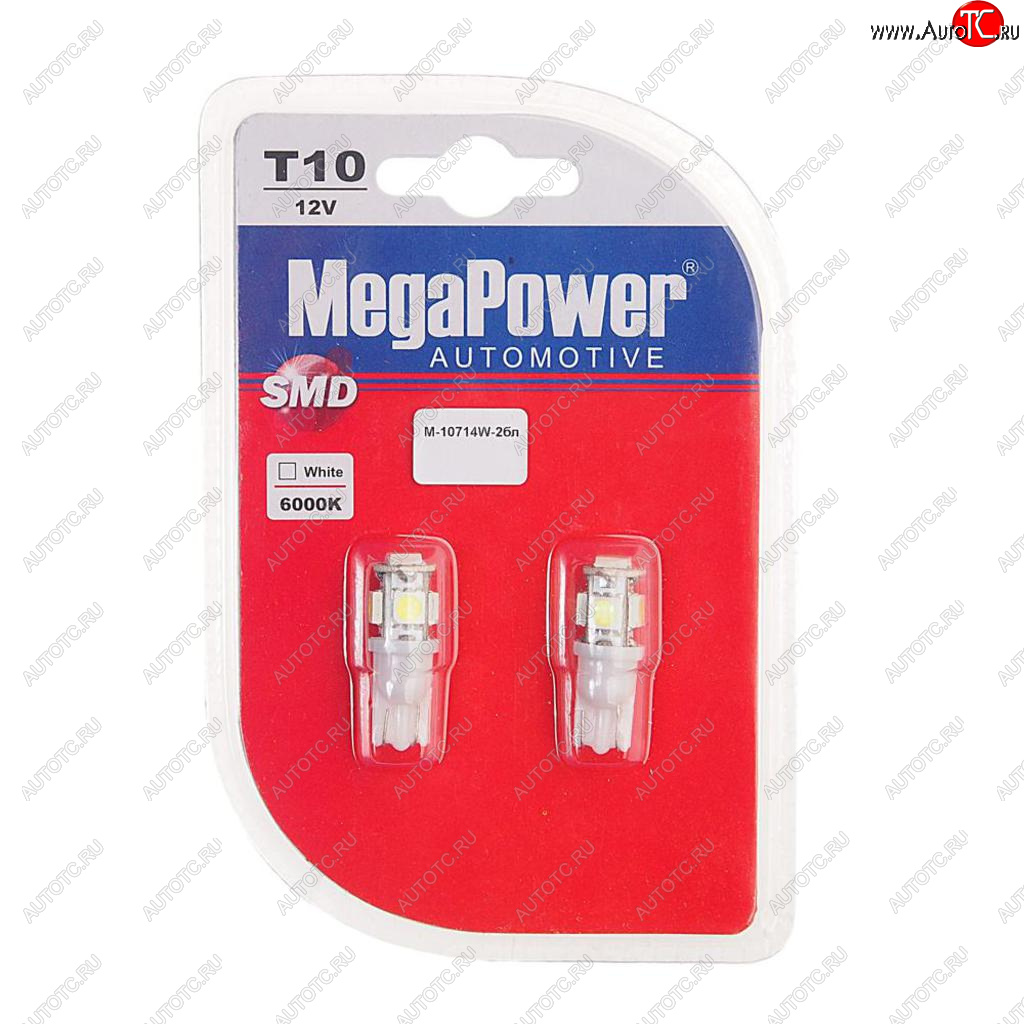 146 р. Лампа светодиодная 12V W5W T10 W2.1x9.5d 6000K 5 LED блистер (2шт.) MEGAPOWER MEGAPOWER-AUTOMOTIVE 10714w-2бл  с доставкой в г. Воронеж