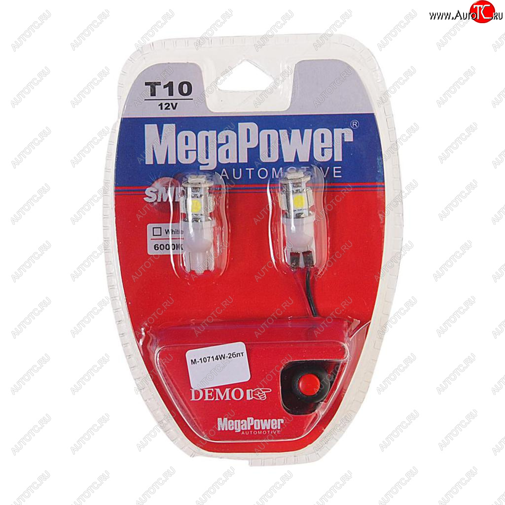 243 р. Лампа светодиодная 12V W5W T10 W2.1x9.5d 6000K 5 LED с тестером блистер (2шт.) MEGAPOWER MEGAPOWER-AUTOMOTIVE 10714w-2блт  с доставкой в г. Воронеж