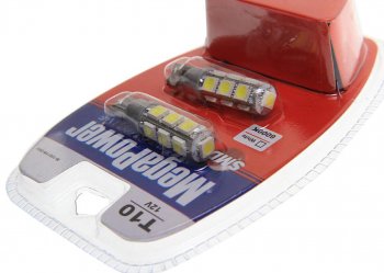 419 р. Лампа светодиодная 12V W5W T10 W2.1x9.5d 6000K 13 LED с тестером блистер (2шт.) MEGAPOWER MEGAPOWER-AUTOMOTIVE 10811w-2блт  с доставкой в г. Воронеж. Увеличить фотографию 2