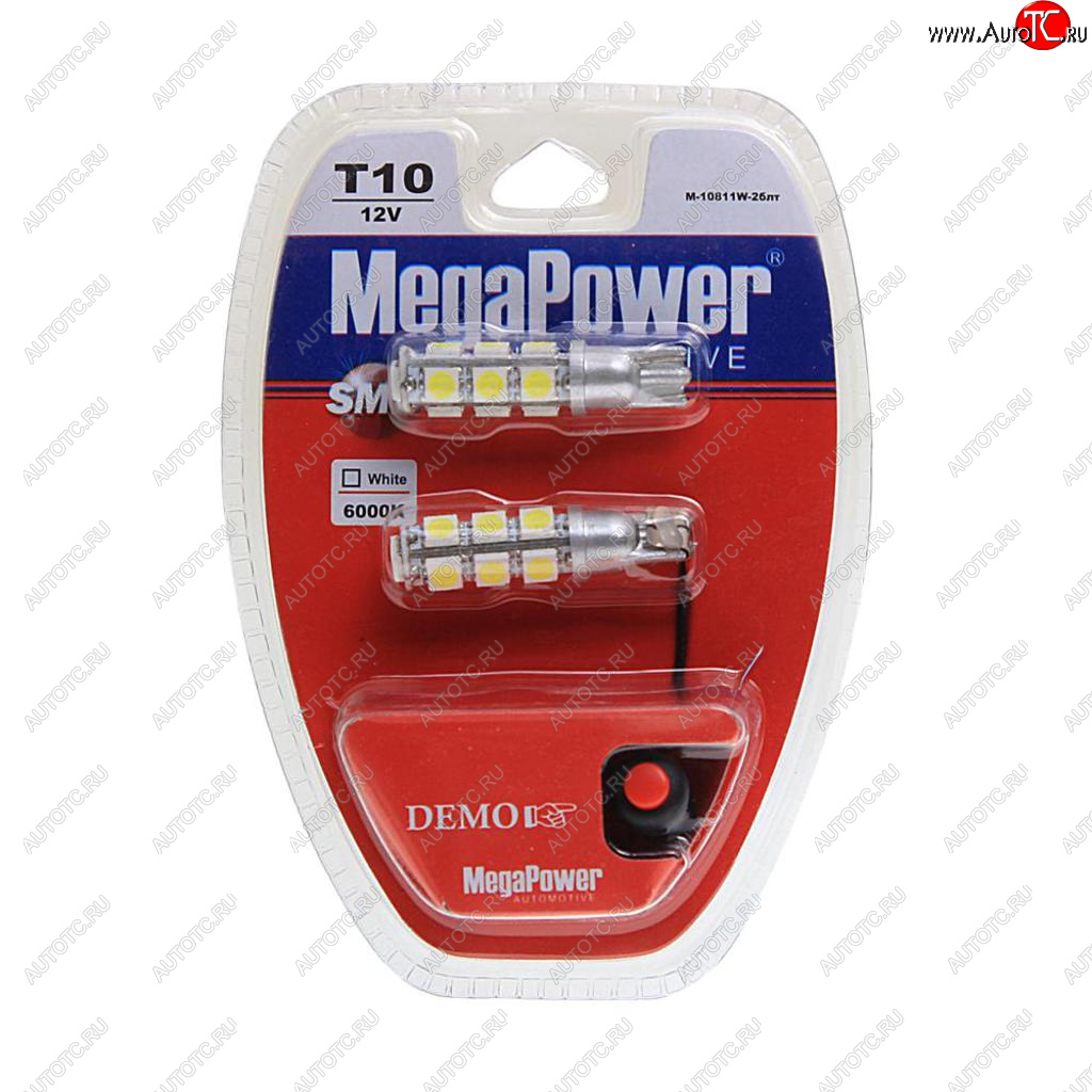419 р. Лампа светодиодная 12V W5W T10 W2.1x9.5d 6000K 13 LED с тестером блистер (2шт.) MEGAPOWER MEGAPOWER-AUTOMOTIVE 10811w-2блт  с доставкой в г. Воронеж