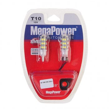 349 р. Лампа светодиодная 12V W5W T10 W2.1x9.5d 6000K 25 LED с тестером блистер (2шт.)MEGAPOWER MEGAPOWER-AUTOMOTIVE 10812w-2блт  с доставкой в г. Воронеж. Увеличить фотографию 1