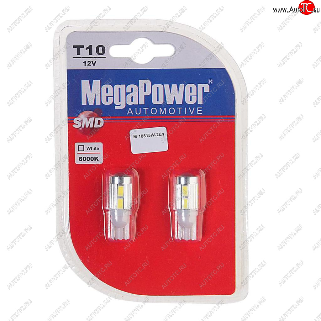 589 р. Лампа светодиодная 12V W5W T10 W2.1x9.5d 6000K 10 LED блистер (2шт.) MEGAPOWER MEGAPOWER-AUTOMOTIVE 10815w-2бл  с доставкой в г. Воронеж